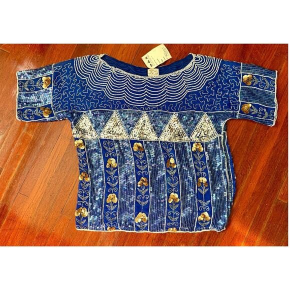 Vintage 80’s D & A Deadstock Silk Blue Silver Beaded Dress Formal Blouse Medium - Picture 1 of 5